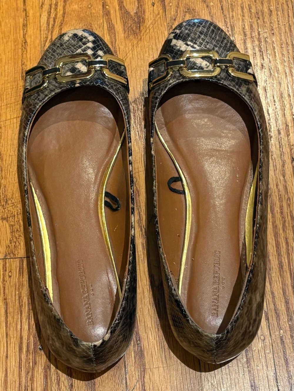 Banana Republic Women's Snakeskin-Print Leather Ballet, Brown & Gold. Sz 8